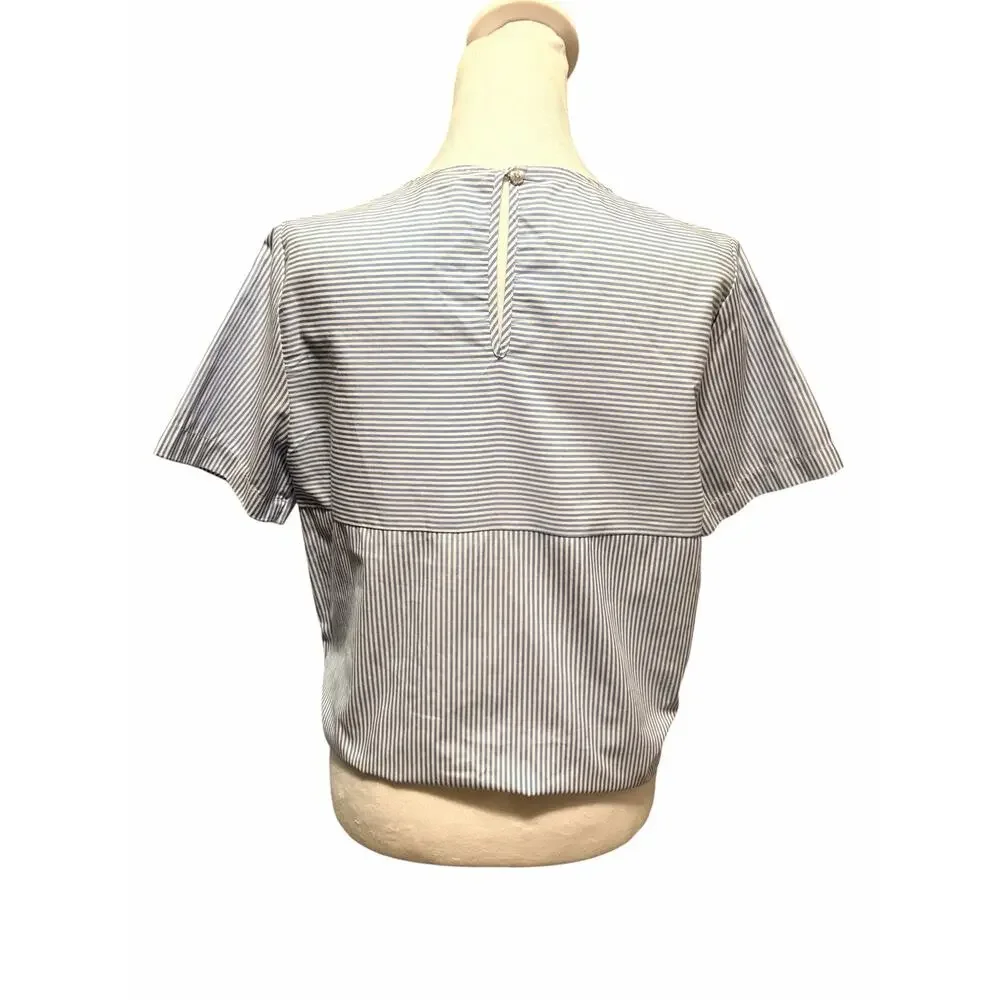 Bleuh Ciel Embroidered Stripe Tie Front Blouse Blue White Floral Top L